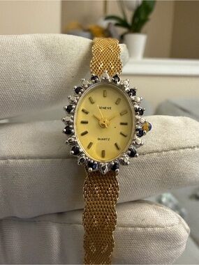 Vintage Geneve Ladies Quartz Watch - Sapphire Blue Halo Bezel, Woven Mesh Band